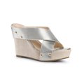 thumbnail image 1 of BLISSFUL STEP Chaussures pour Femmes à Plateforme Compensée à Brides Croisées Clous Tige en Tissu Sandales à Talons à Bout Ouvert Argent 7, 1 of 5