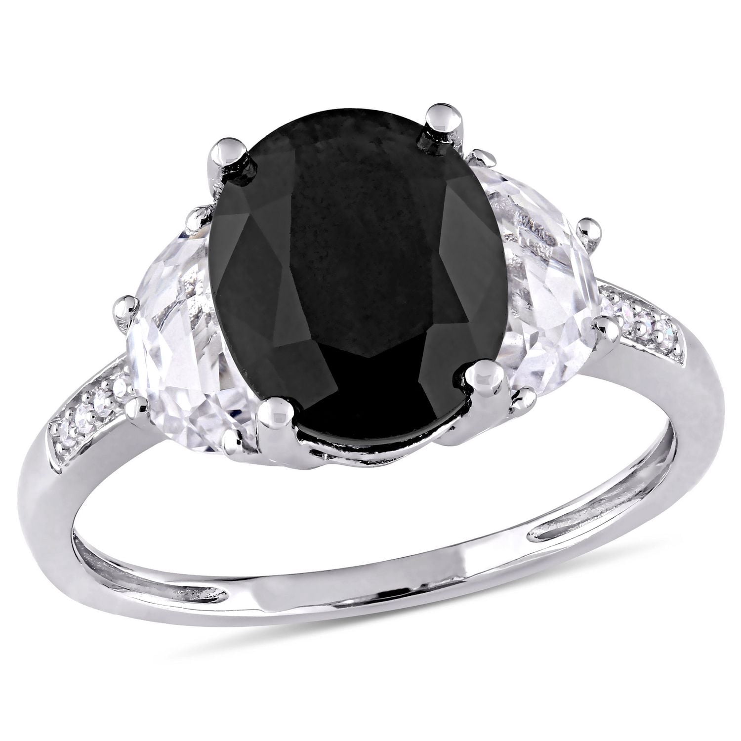 Bague cocktail Asteria avec saphir noir et saphirs blancs synthétiques 4-3/8 CT PBT avec accents de diamants en argent sterling