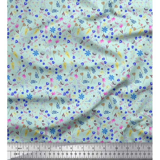Soimoi Green Polyester Crepe Fabric Leaves,Insect & Floral Artistic Decor Fabric Printed BTY 42 Inch Wide