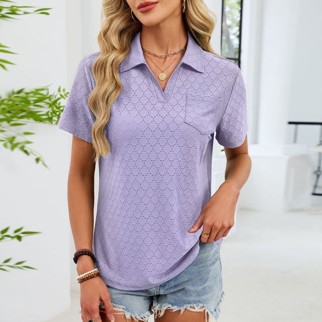 Pisexur Hauts pour Femmes Tendances Mode Chemises Col à Revers Col en V Manches Courtes Blouse Chic Décontractée Tunique Hauts Violet,P