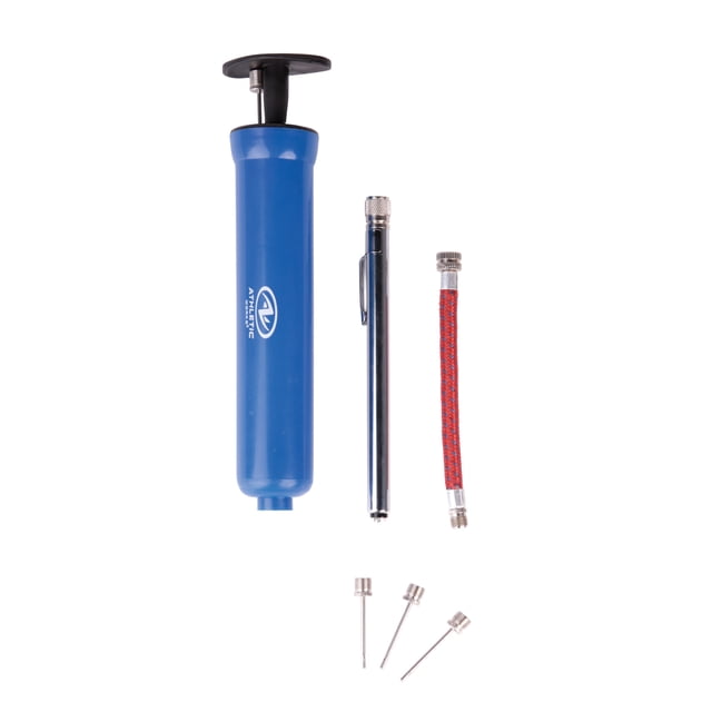 Athletic Works Inflation Kit Metal Needles- 6PC with a blue handheld pump featuring a black T-handle, a silver air pressure gauge pen, a red braided flexible hose with metal connectors, and three metal inflation needles on a white background, ideal for inflating sports balls and similar inflatables.