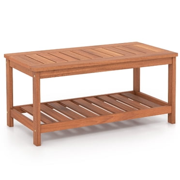 Patiojoy Patio Hardwood Coffee Table 2-Tier Wooden Coffee Table with Slatted Tabletop & Storage Shelf Outdoor Rectangular Cocktail Table