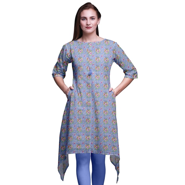 Bimba Hauts Kurti Asymétriques Bleus à Imprimé Floral Camélias Épanouies et Roses pour Femmes Robe d'Été Indienne Tunique XXX-Large