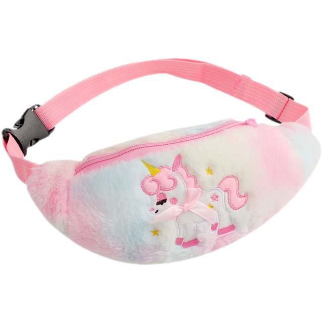 Unicorn Sac Banane Unicorn pour Filles, en Peluche avec un motif Arc-en-Ciel pastel et un motif Unicorn Brodé. Comprend une Sangle Rose Ajustable et une Fermeture Éclair, Convient pour Transporter de Petits Articles Lors des Sorties, des Voyages Ou de l'Usage Quotidien comme Accessoire de Voyage pour Enfants.
