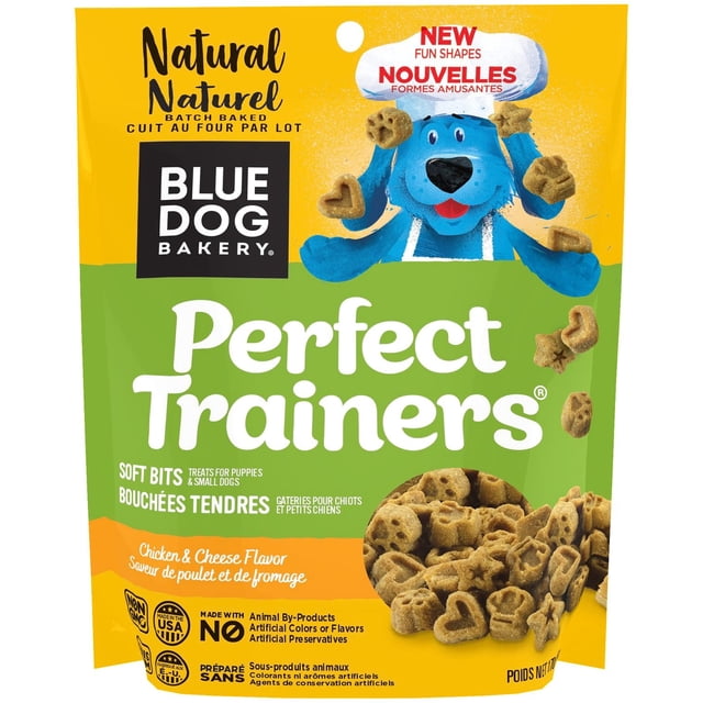 Blue Dog Bakery Perfect Trainers Chicken & Cheese Crunchy Training Dog Treats in a yellow and green resealable bag, batch baked soft bits shaped in fun forms like stars and hearts, made in the USA without animal by-products or artificial additives, suitable for training puppies and small dogs.