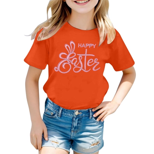 LUOGENLI T-Shirt pour Filles Mode Décontractée pour Enfants Imprimé Col Rond Manches Courtes T-Shirt Maxi Ensemble Vacances Orange 6-7 Ans