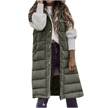 Moxiu Women Lightweight Puffer Vest Packable Long Winter Coat Zip Up Quilted Jackets Hooded Sleeveless Waistcoat Warm Vest Army Green,XXL