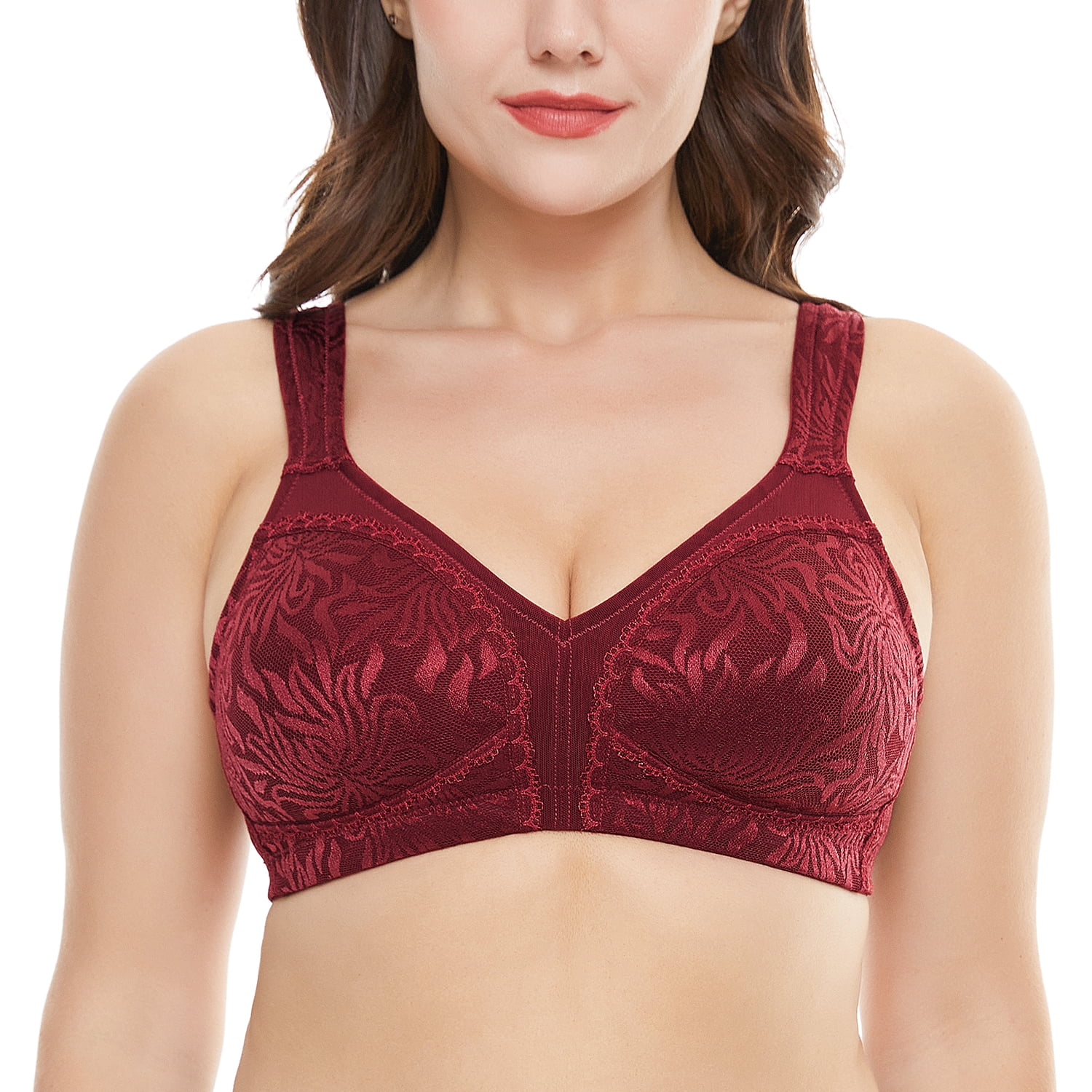 Wingslove Women's Full Coverage Plus Size Bra Non Padded Wireless Minimizer Bra, Wine Red 48DDD