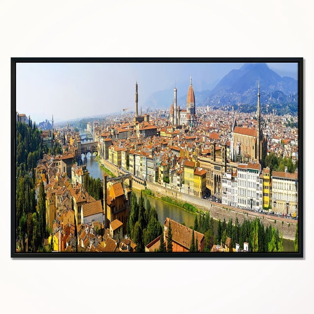 Design Art Florence Vue Panoramique Impression sur Toile Encadrée Représentant un panorama Aérien de Florence, Italie, avec des Toits en Terre Cuite, le Fleuve Arno et Ses Ponts, le Dôme de la Cathédrale de Florence et des Clochers Historiques, Imprimée sur Toile Résistante à la Décoloration et Enveloppée dans un Cadre Flottant Noir, Prête à Accrocher avec Quincaillerie Incluse.