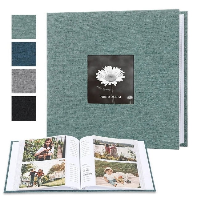 EGNMCR Photo Album With Writing Space featuring a linen cover with an open window for a customizable photo display. The album includes 50 pages with clear PVC-free sleeves for photo preservation and memo writing spaces for each photo. Available in two sizes: large (300 photos, 8.86×12.8×1.77in) and small (200 photos, 8.86×8.66×1.77in). Shown in a teal color with additional color options displayed.