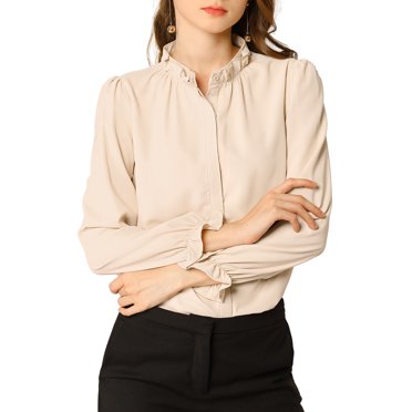 INSPIRE CHIC Women's Ruffled Trim Button Down Stand Collar Long Sleeve Blouse Top