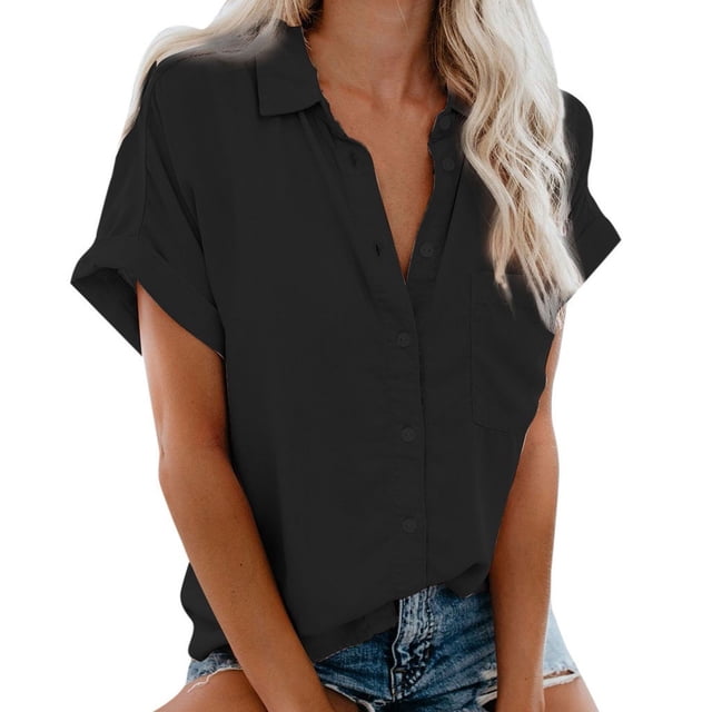 fartey Button Down Shirts for Women Short Sleeve Lapel Cardigan Tshirts Smooth Solid Color Lightweight Soft Summer Blouses