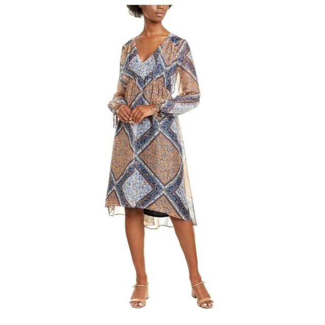 TAYLOR Robe Midi Hi-Lo à Manches Retroussées en Chiffon Imprimé avec Fermeture Éclair et Col en V pour Femmes, Bleu Marine, Taille 14