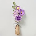 thumbnail image 4 of Paper Flower Bouquet Knitted Rose Yarn Handmade Simulated Flowers with Purple Crochet Roses and Green Leaves Wrapped in Newspaper-Style Paper and Checkered Ribbon, 4 of 5