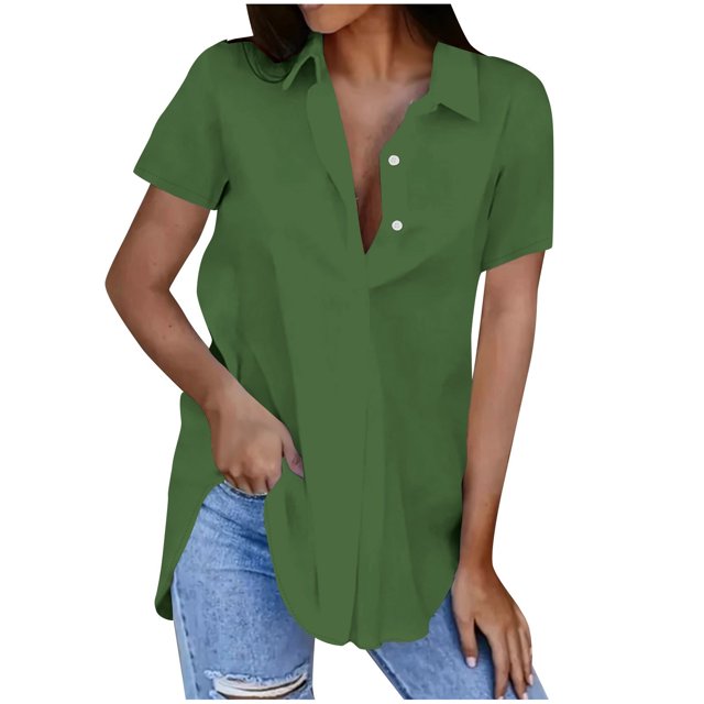 Birdeem Blouses pour Femmes Mode Décontractée Unie Col Rabattu Manches Courtes Bouton T-Shirt Haut Blouse