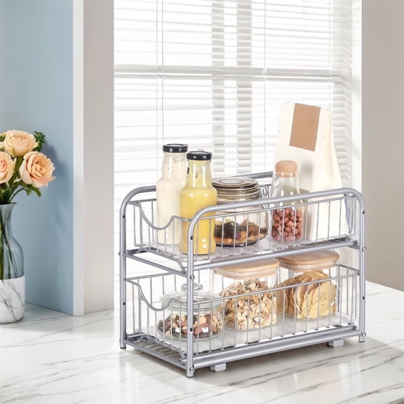 LEDREM Organisateur d'Armoire Coulissante à 2 Niveaux - Tiroirs Coulissants en Acier, Hauteur Réglable, Conception Empilable pour Cuisine, Salle de Bain, Argent Métallique