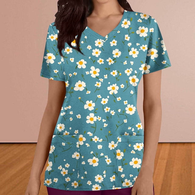 FcBaudy Hauts pour Femmes, Chemisiers et Chemises à Manches Courtes à Col en V Mode Décontractée pour Femmes Col en V Imprimé de la Saint-Valentin Robe d'Infirmière à Manches Courtes avec Poche Haut en polyester pour Femmes