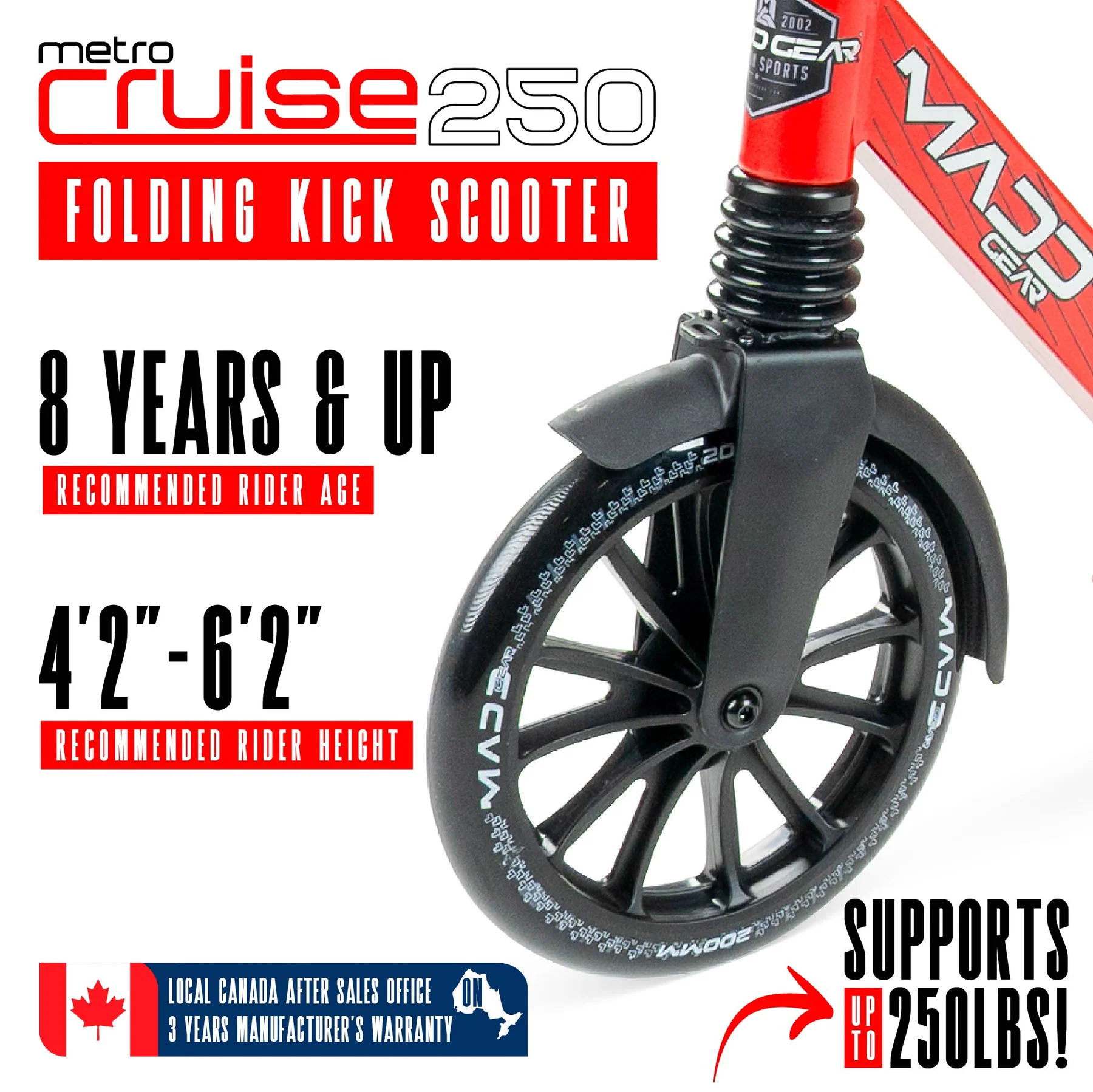 Madd Gear Metro 250- Black/Red Folding Commuter Scooter with Adjustable Bar