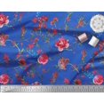 thumbnail image 2 of Soimoi Blue Japan Crepe Satin Fabric Leaves & Ranunculus Floral Print Sewing Fabric Yard 42 Inch Wide, 2 of 3