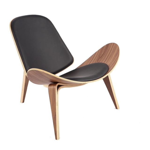 Plata Import Chaise Longue Shell Noire avec Cadre Courbé en Contreplaqué de Frêne et Coussins en Similicuir Noir, Mesurant 21 x 35 x 30 Po, Conçue pour les Sièges accent du Salon et Adaptée aux Coins Lecture Stylés.