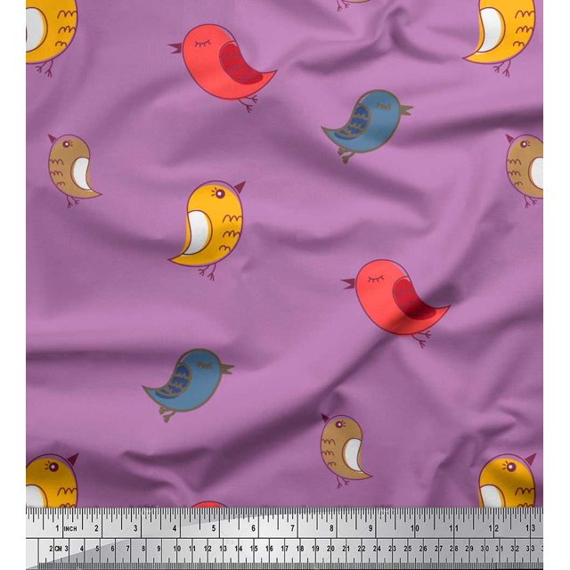 Soimoi Modal Satin Fabric Bird Clip Art Print Fabric by Yard 42 Inch Wide