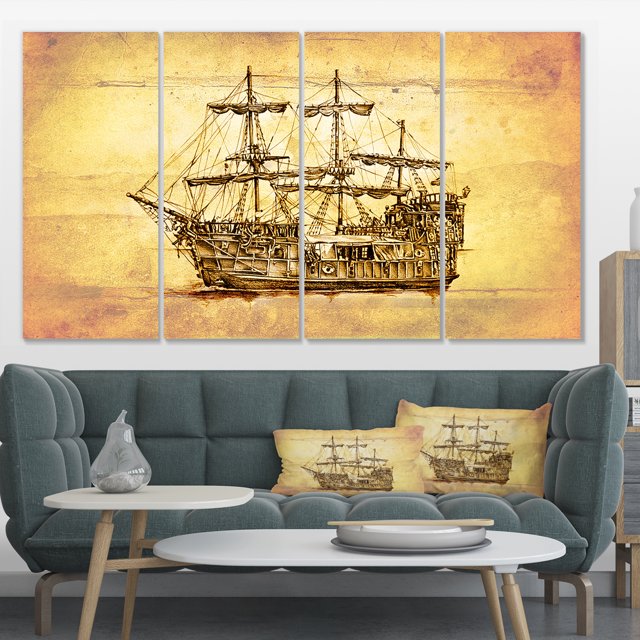 Brown Ancient Moving Boat - Seashore Wall Art on Canvas