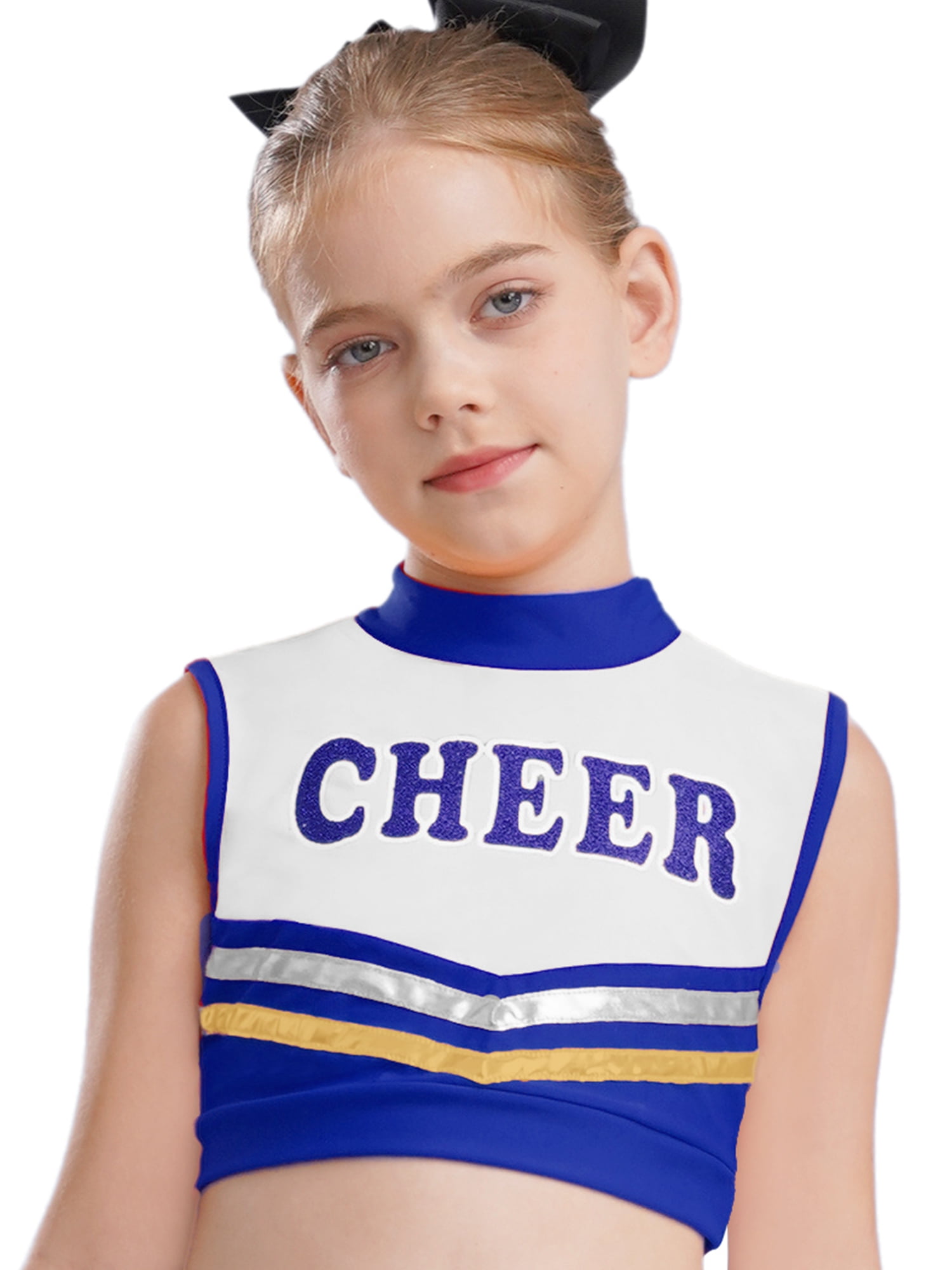 vastwit Kids Girls Mock Neck Tank Vest Shirts Sleeveless Color Block Letters Printed Cheerleading Uniform Crop Tops Royal Blue 8