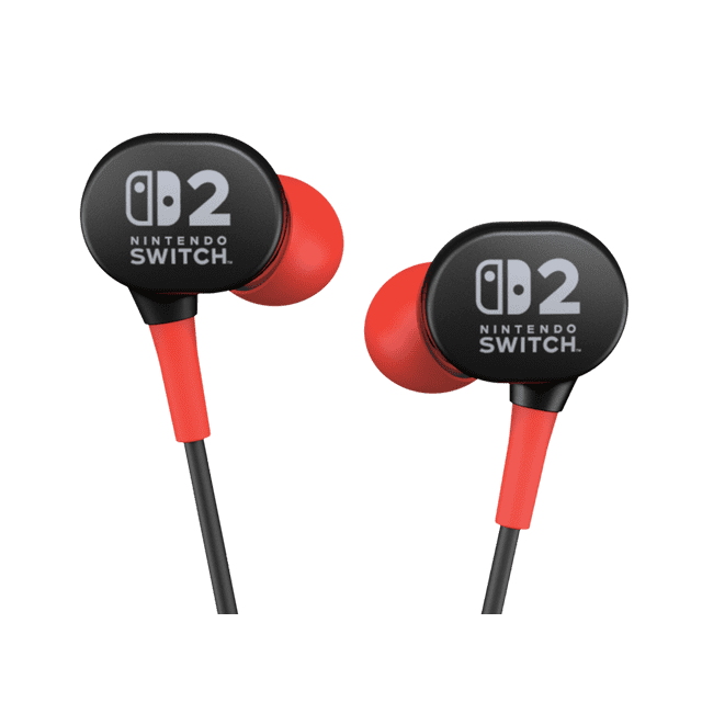 PowerA Wired Earbuds for Nintendo Switch 2 in black with red in-ear tips, featuring the Nintendo Switch 2 logo, wired 3.5 mm connection, 8 mm drivers for immersive game and chat audio, inline mic with mute slider, and adjustable cable slider to prevent tangles.