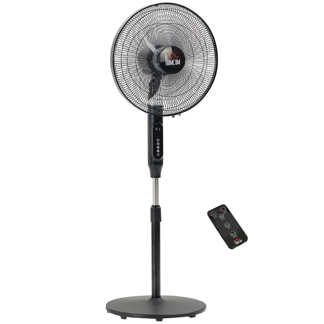 HOMCOM Standing Floor Fan with Remote Control Tall Pedestal Electric Fan designed for home and office cooling. Made of black ABS/PP plastic and steel, it features adjustable height from 46.5'' to 54.25'', a 16'' oscillating head, and a durable circular base. Includes 3 speed settings, 3 modes, an LED panel, a 15-hour timer, and a remote control for operation within 10ft. Ideal for cooling solutions and oscillating airflow.