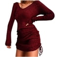 thumbnail image 1 of CEHVOM Women Pullover Long Sleeve Autumn Solid Casual V Neck Sweatshirt Drawstring Dress, 1 of 5