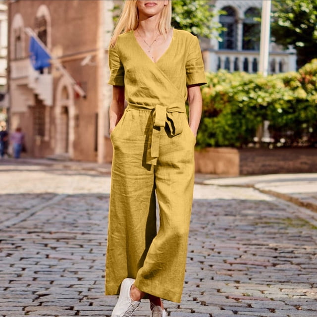 LSLJS Women's Cotton Linen Loose Sleeveless Jumpsuits Spaghetti Strap Stretchy Solid Jumpsuit with Pockets