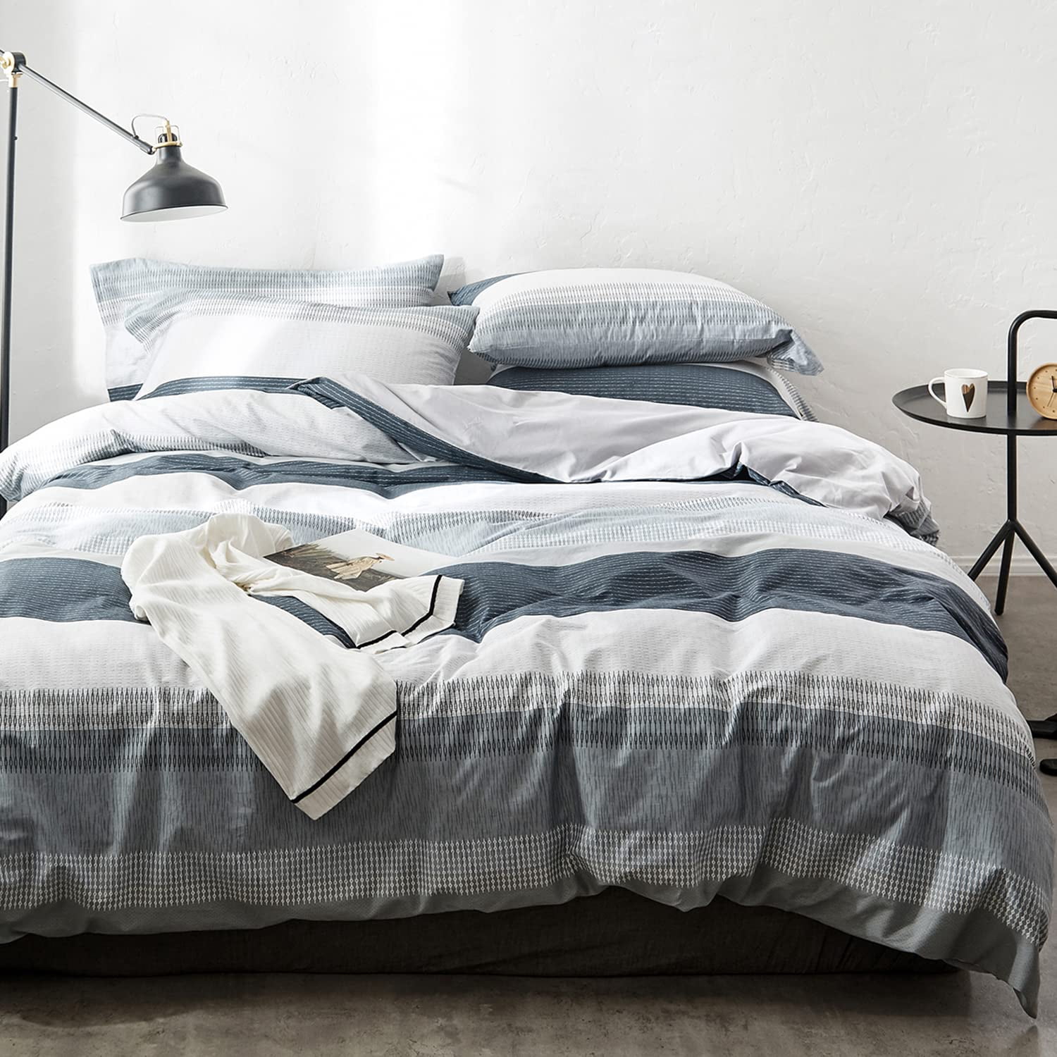 OREISE Duvet Cover Set King Size 100% Cotton Soft Bedding Set Gray Blue White Printed Striped Style,3Piece (1 Duvet Cover + 2 Pillowcase),Comfortable Luxurious