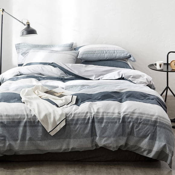 OREISE Duvet Cover Set King Size 100% Cotton Soft Bedding Set Gray Blue White Printed Striped Style,3Piece (1 Duvet Cover + 2 Pillowcase),Comfortable Luxurious