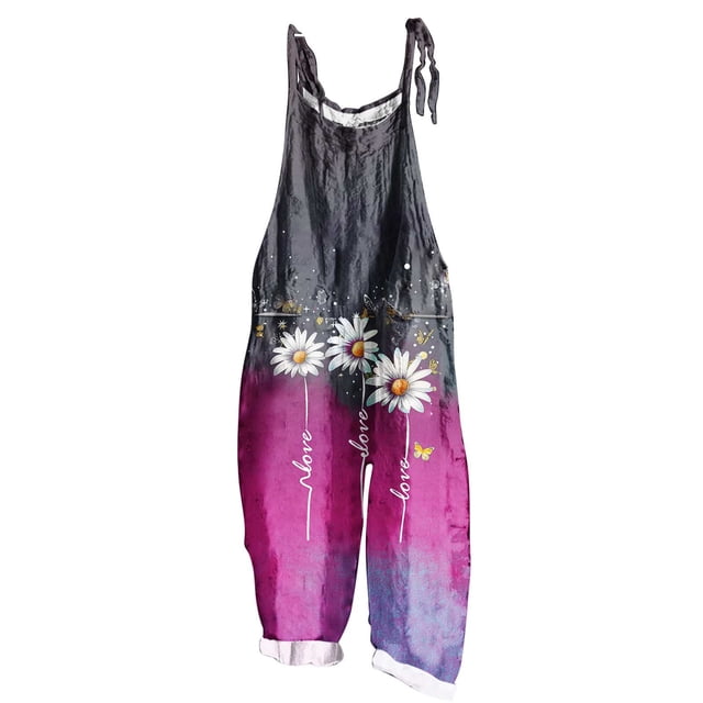 yoeyez Rompers for Women Summer,Ladies Print Summer Plus Size Long Jumpsuits Sleeveless Adjustable Straps Backless Overalls Jumpsuits With Pockets Hot Pink,M