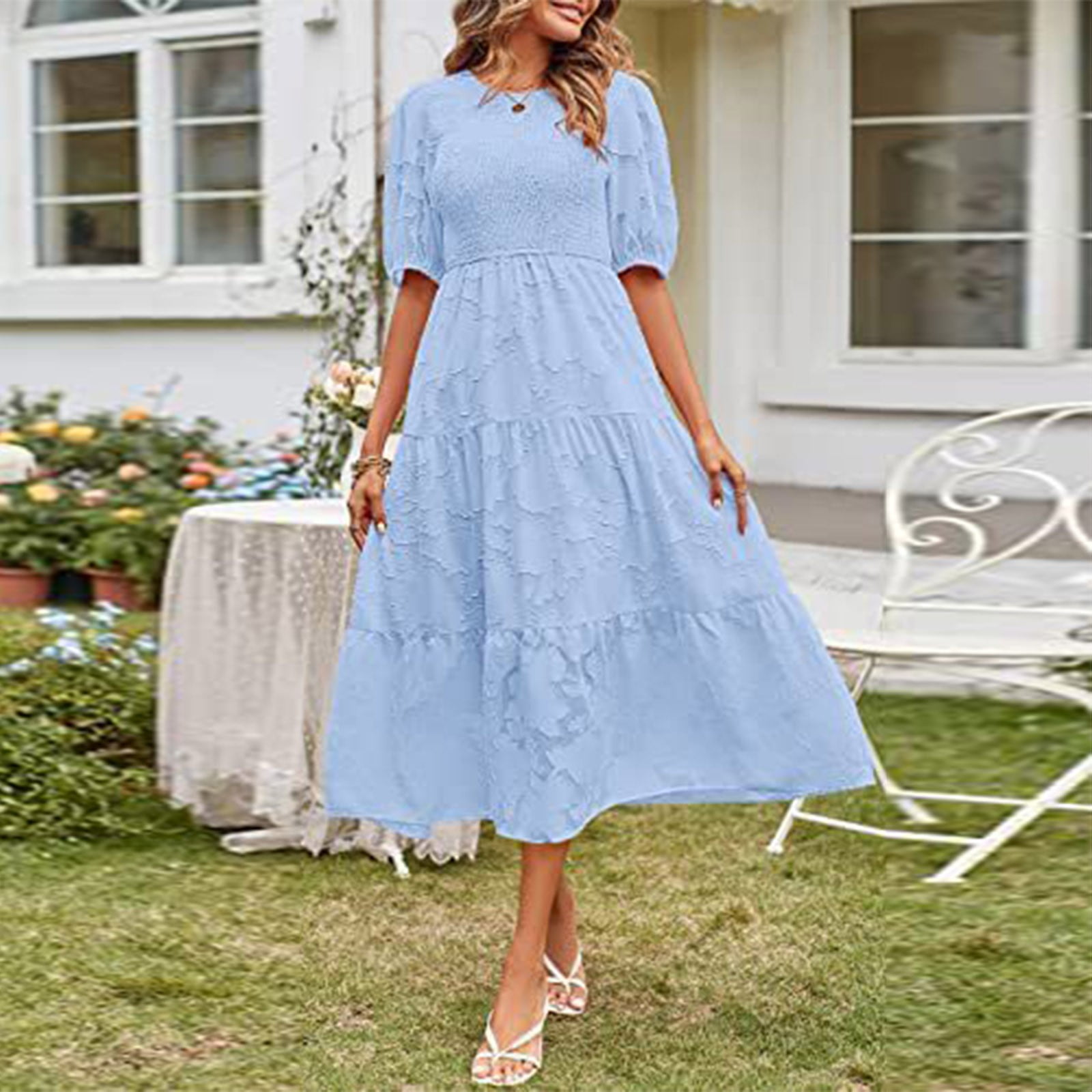 casual light blue dress for women LOVZFMLL Women's Round-Neck Short Sleeve Solid Waisted Layer Chiffon Dresses With Belt S Color:Eggshell White Abercrombie & Fitch contrast style_classic lace paneling