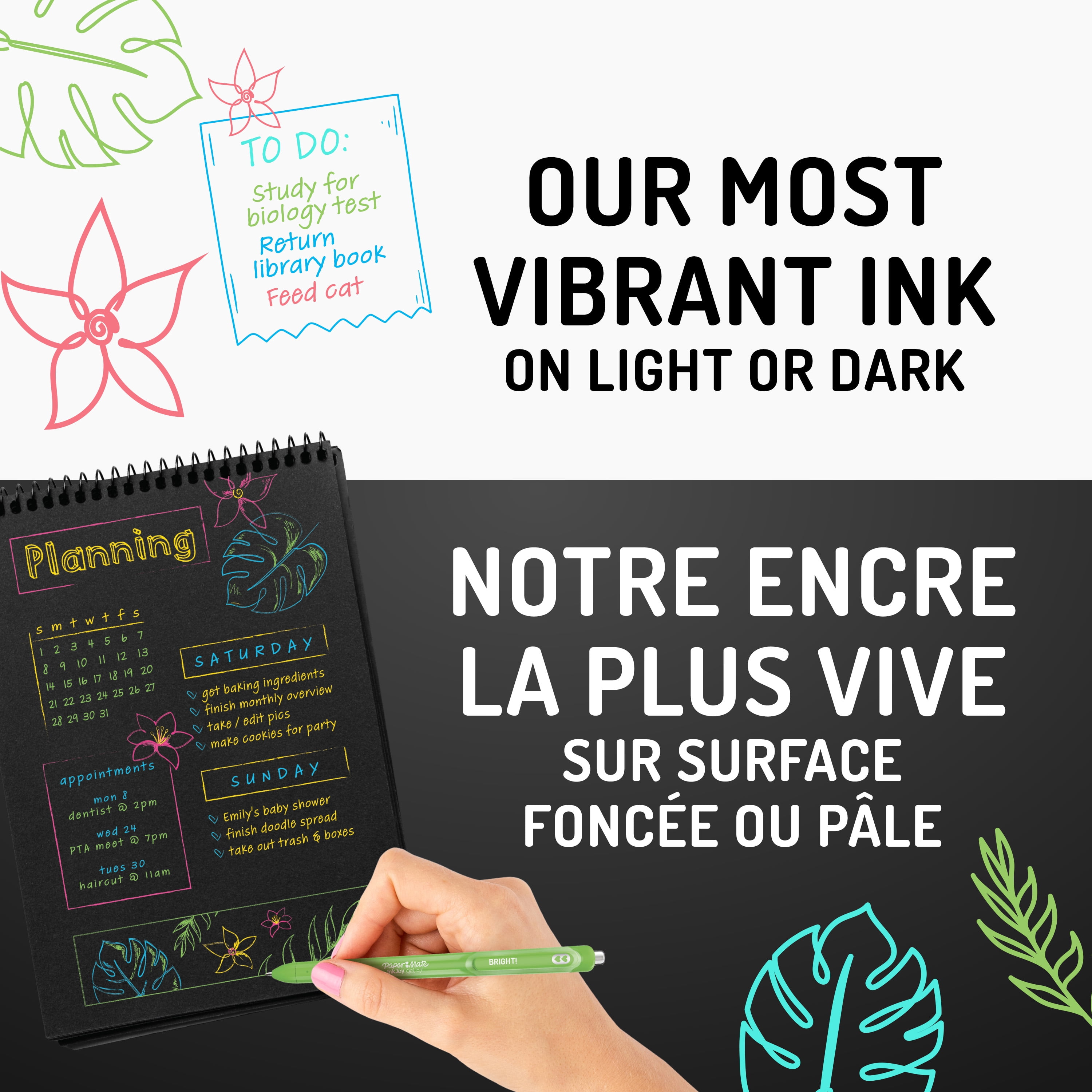 Stylos brillants InkJoy de Paper Mate, stylos gel avec encre semblable à de la peinture, pointe moyenne (0,7 mm), rétractables, couleurs vives assorties, 3 unités