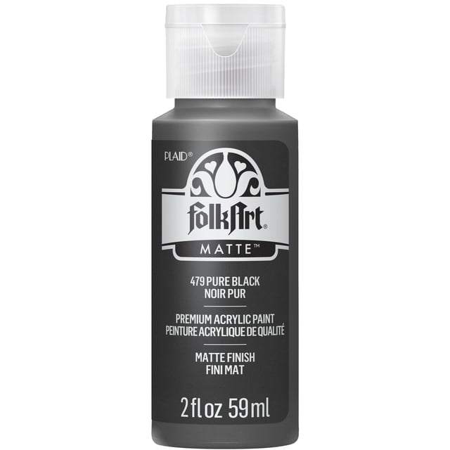 Folkart Peinture Artisanale Acrylique Mate Bouteille de 2 fl oz en Noir Pur avec une Finition Mate, Présentant une Étiquette Noire avec Texte Blanc et un Bouchon à Rabat Transparent, Idéal pour la Peinture Acrylique de Qualité Artiste et les Fournitures d'Artisanat sur Bois, Toile et Papier.