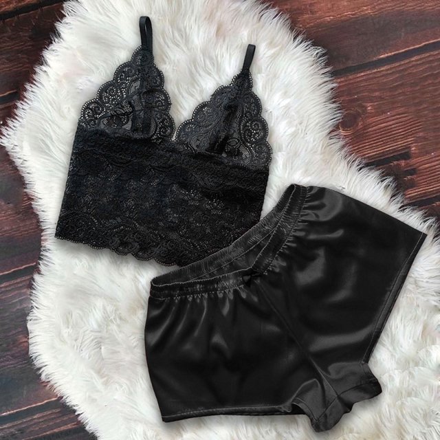 LSLJS Ensemble Deux Pièces pour Femmes en Dentelle Satinée, Camisole à Bretelles, Hauts, Shorts, Pyjama, Ensembles de Lingerie