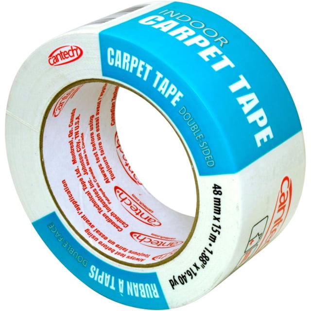 Indoor Carpet Tape - Double Sided, 48 mm x 15 M by Cantech. A roll of double-sided adhesive tape with a strong adhesive for secure bonding between surfaces. The tape is white with blue and red branding, labeled for indoor use. Dimensions are 48 mm wide and 15 meters long.