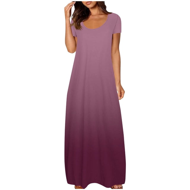 fatyb Robes Maxi à Manches Courtes pour Femmes Col Ras du Cou Décontractées Longues Robes Imprimées Robes T-Shirt d'Été