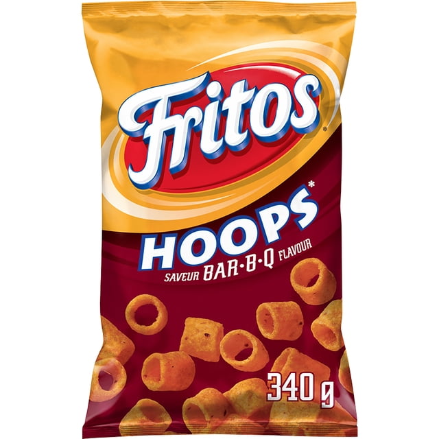 Fritos Hoops Croustilles de Maïs Saveur Bar-B-Q Sac de 340 g avec Emballage Jaune et Rouge Foncé, Présentant des Croustilles de Maïs en Forme d'Anneau avec un Croustillant Copieux et une Saveur barbecue Savoureuse, une Collation Canadienne Classique Idéale pour Satisfaire la Faim.