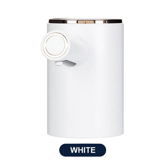 EGNMCR Non-Hands Automatic Soap Dispenser for bathroom and kitchen use, shown in a sleek white cylindrical design with a gold-accented top and a front-facing smart sensor nozzle. Made of ABS+PC material, it features a compact size of 10.2x7.5x6.3cm, a 1ml liquid output per use, and a sensing distance of 2-3 inches. Ideal for homes, offices, schools, and restaurants.