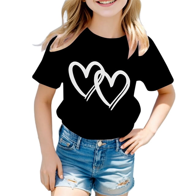 MIASHUI T-Shirt d'Été Décontracté à Manches Courtes et Col Rond pour Filles avec Imprimé Graphique Mignon, Noir, 9-10 Ans