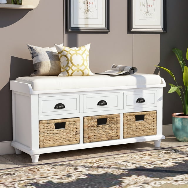 Entryway Bench, Shoe Bench with Hidden Storage, Shoe Storage Bench with 3 Drawers and 3 Rattan Baskets, Storage Shelf with Seat Cushion for Living Room, Entryway, Wood, White (42 inch)
