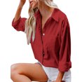 thumbnail image 4 of Sexy Dance Chemises pour Femmes Blouse à Manches Longues Hauts Boutonnés Tunique Décontractée Chemise Col à Revers Rouge Vin 3TG, 4 of 9