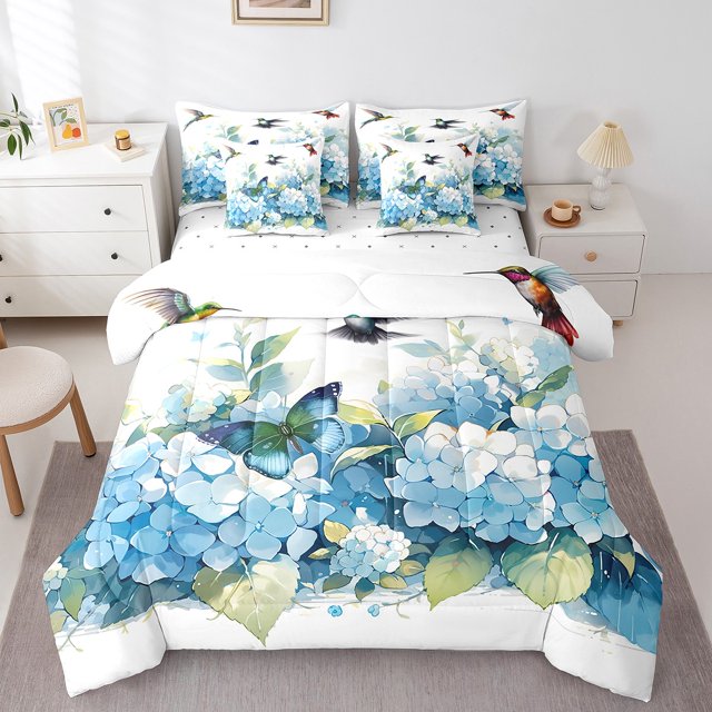 YST Girls Hydrangea Flower Bedding Comforter Sets 7Pcs Hummingbird Butterfly Bed In A Bag,Blue Floral Full Bedding Sets Green Leaf Sheet Set With Comforter Spring Blossoms Bedroom Decor