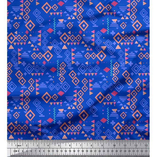 Soimoi Blue Poly Georgette Fabric Diamond Geometric Printed Craft Fabric by the Yard 42 Inch Wide