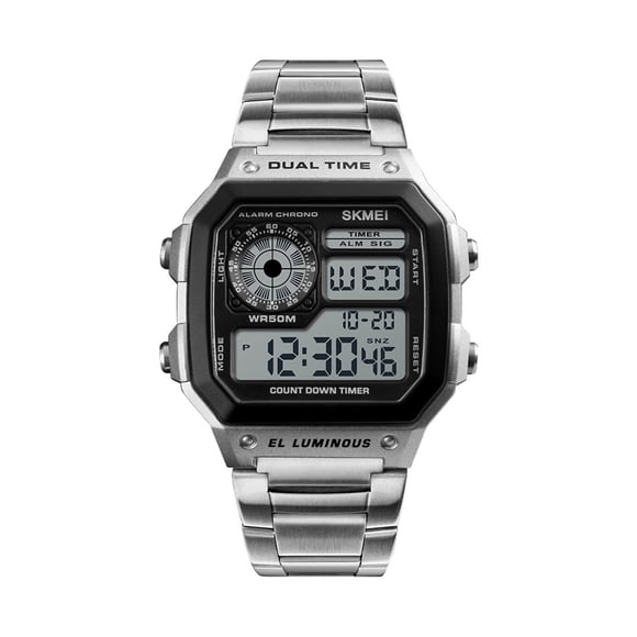 SKMEI SKMEI 1335 Men's Stainless Steel Digital Sport Watch with 5ATM Water Resistance, Multi-Function Display, and Backlight in Silver