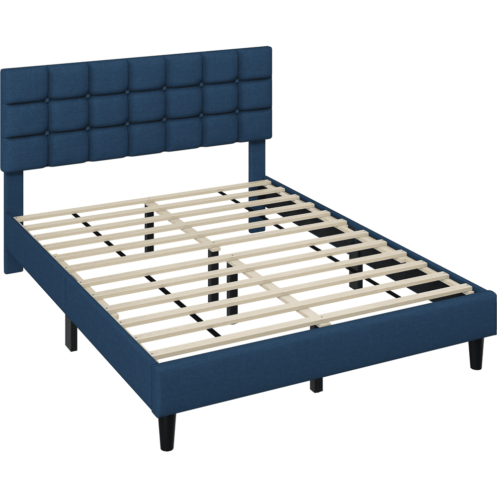 FullFurnique Cadre de Lit Capitonné avec Tête de Lit à Capitonnage Carré, Queen, Bleu marine
