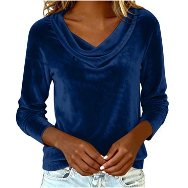 Ltctricy Hauts en Velours pour Femmes à Manches Longues, Col Bénitier, T-Shirts Habillés Décontractés, Blouses Vintage Amples, T-Shirts en Velours Mode (Marine, Petit)
